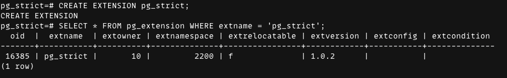 psql output showing CREATE EXTENSION pg_strict and the pg_extension row with extname pg_strict and extversion 1.0.2
