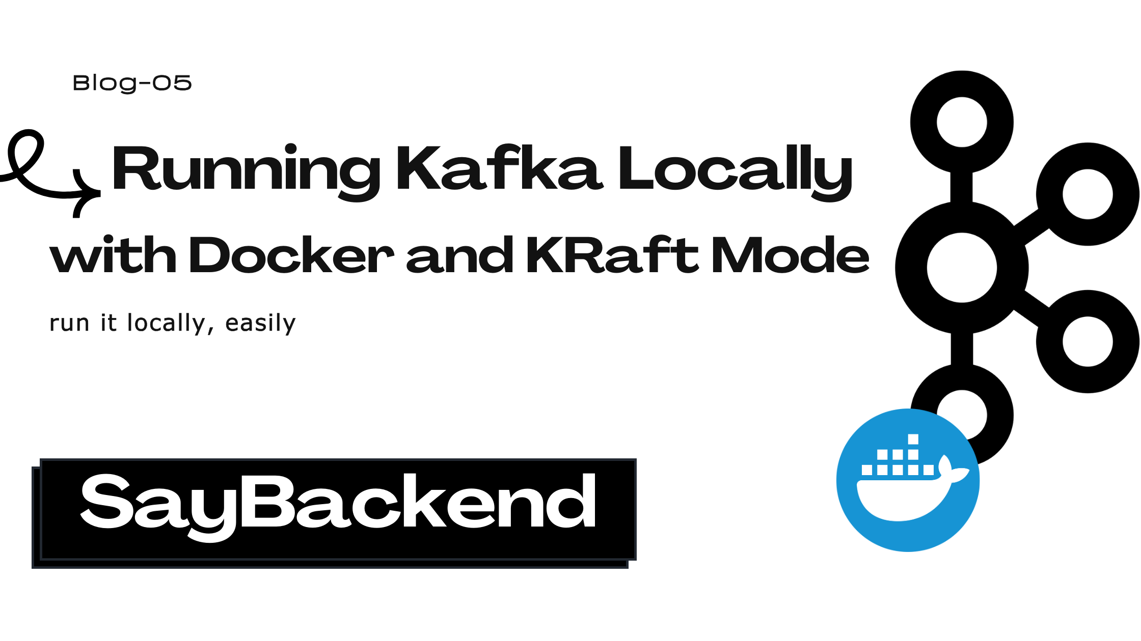 Laptop showing Kafka and Docker logos with KRaft mode enabled