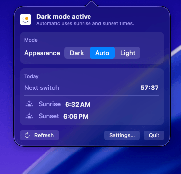 happymode menu bar popover showing Auto/Light/Dark and next switch countdown