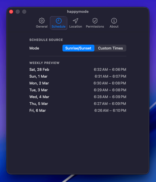 happymode schedule settings showing weekly preview